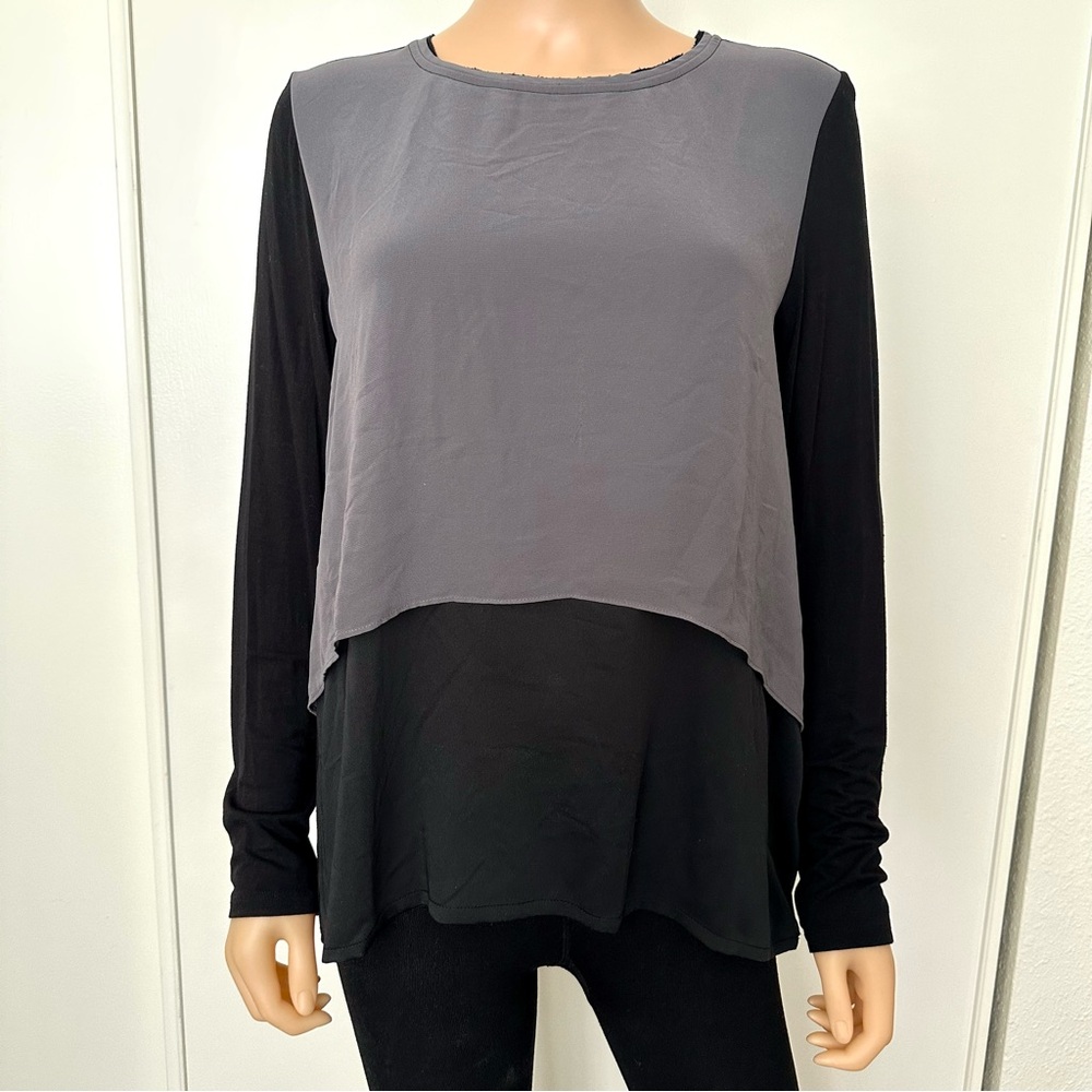 Elie Tahari for Design Nation Large Long Sleeve Tunic Top Black Grey Faux Silk